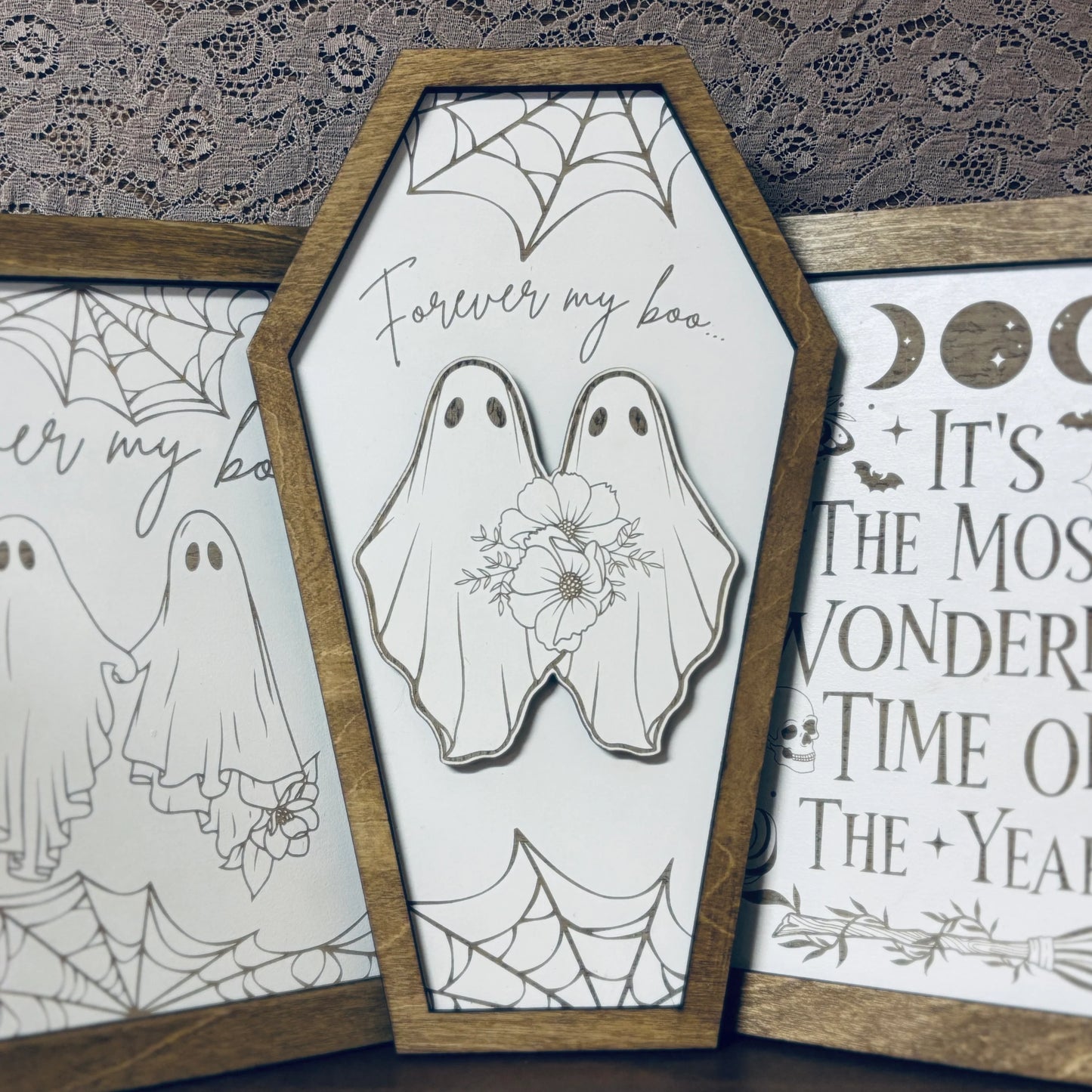Forever My Boo Coffin Shaped Ghost Couple Sign | Spooky Season Decor